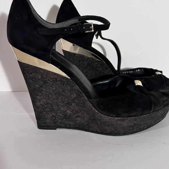 Gucci by Tom Ford Cork Wedge Black Suede Silver Logo Heels Sz 8 - Picture 4 of 16